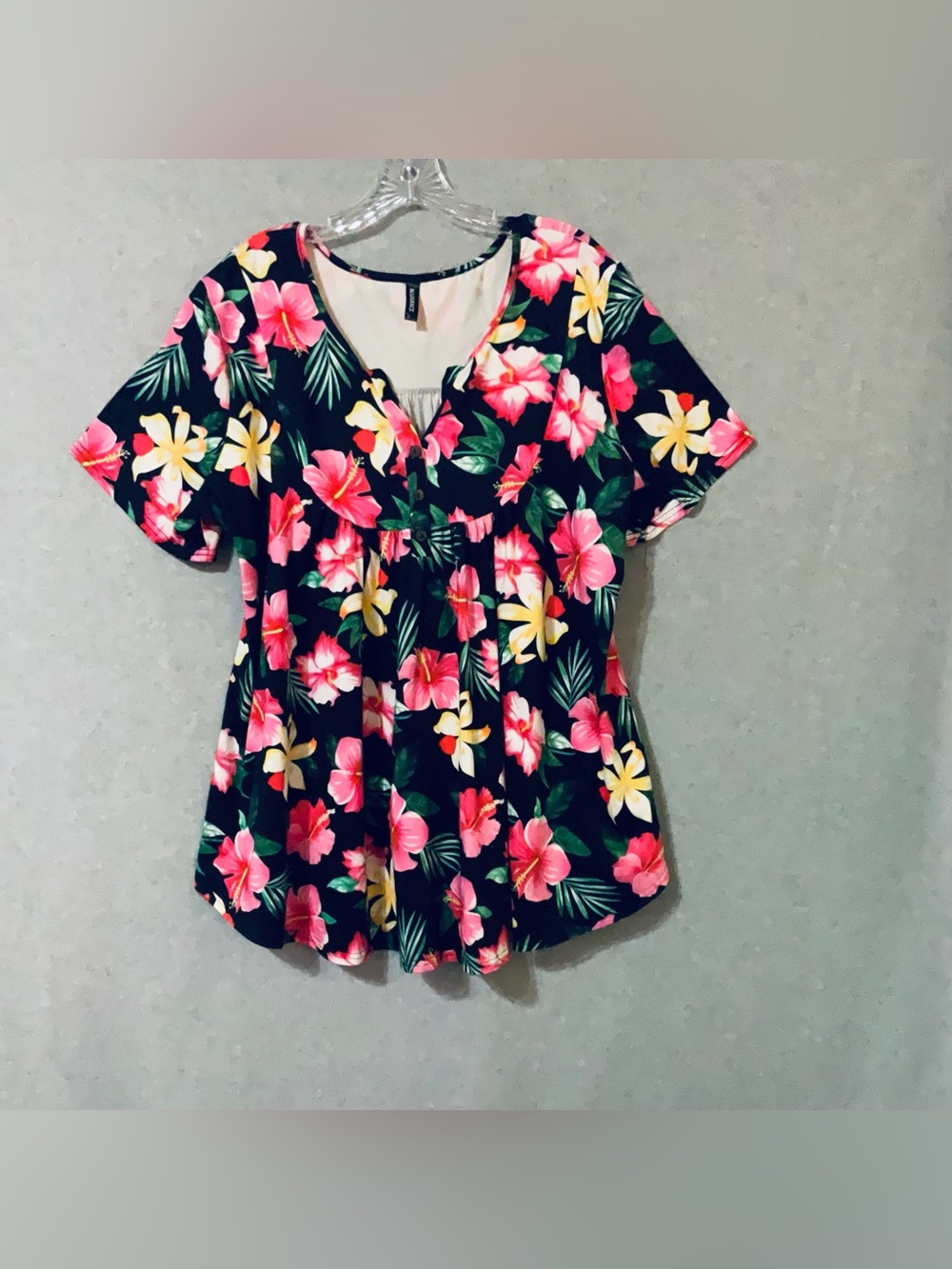 Allegrace Floral V-Neck Short Sleeve Women’s Top -colorfulSz 2XL
